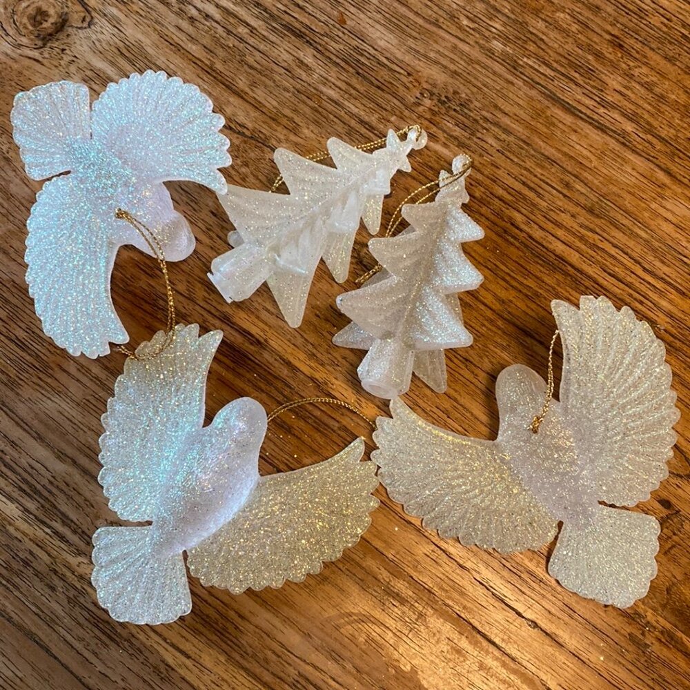 Vintage Holiday Bird & Tree Ornaments, Set of 5